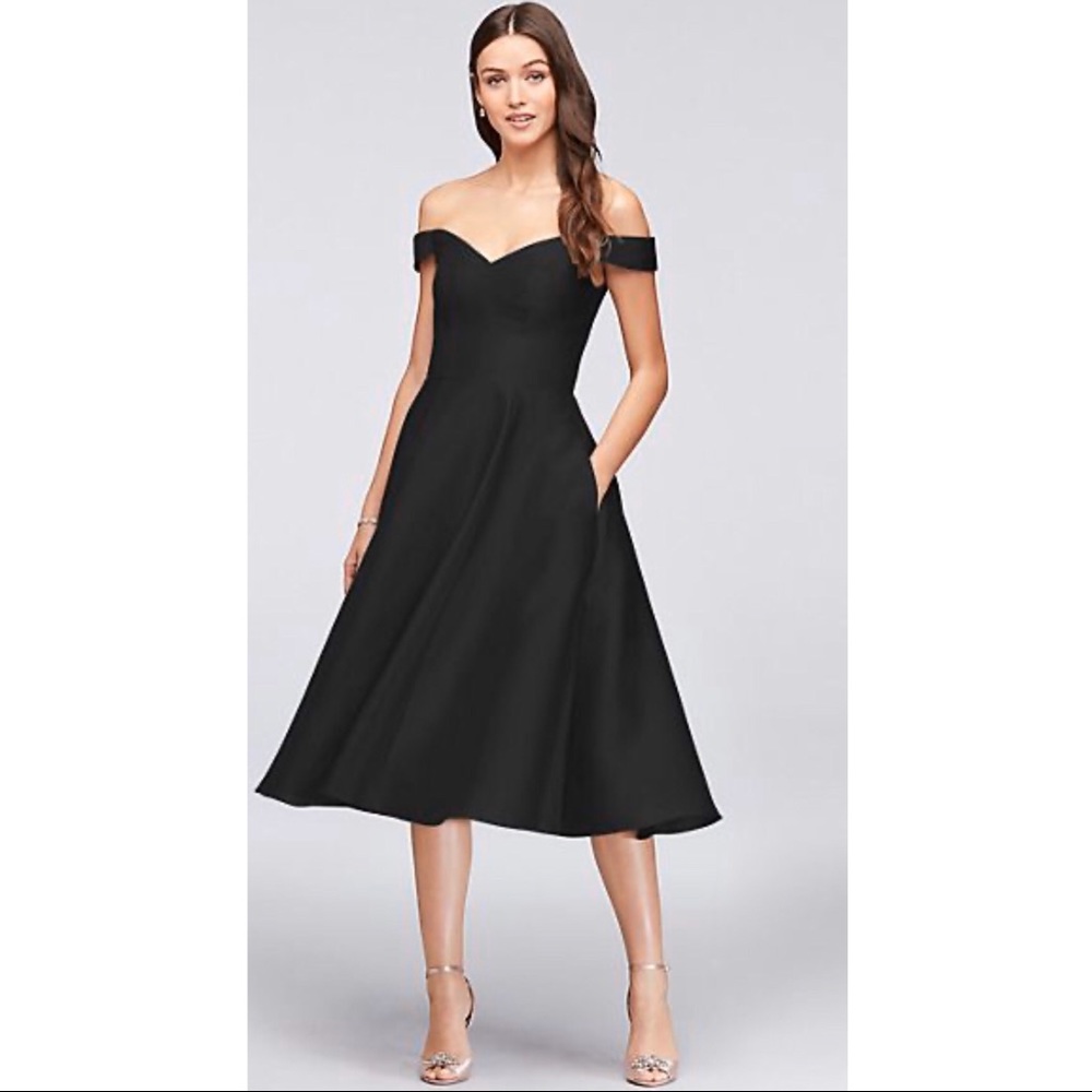 Off-the-Shoulder Tea-Length Bridesmaid Dress